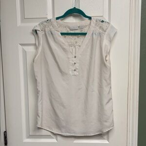 New York & Company Cream Lace Shoulder Henley Blouse